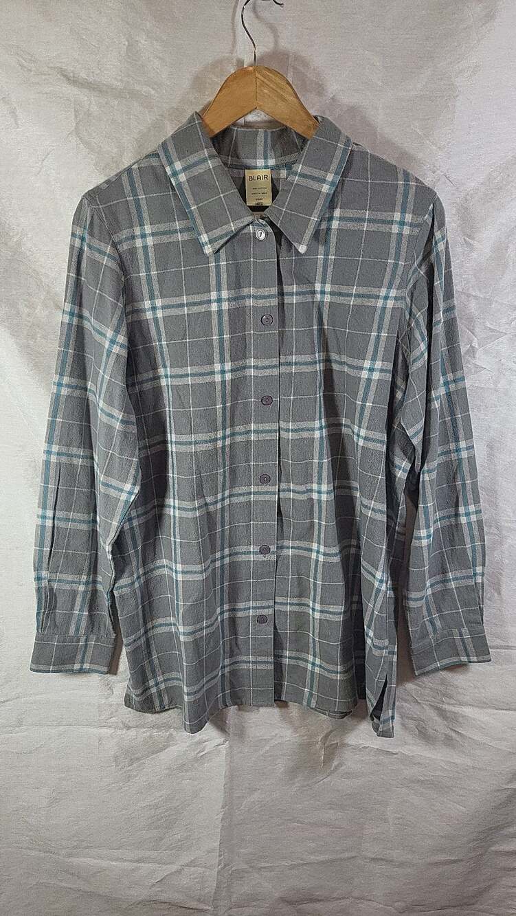 Blair Women's Gray and Blue Plaid Cotton Long Sleeve Lightweight Flannel Button
